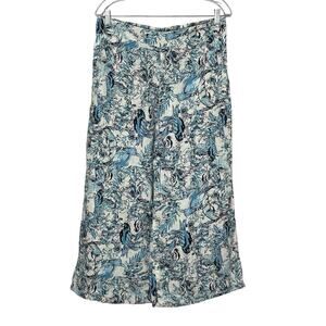 Tahari Pants Womens Linen Wide Leg Cropped White Blue Palm Print Resort Size L